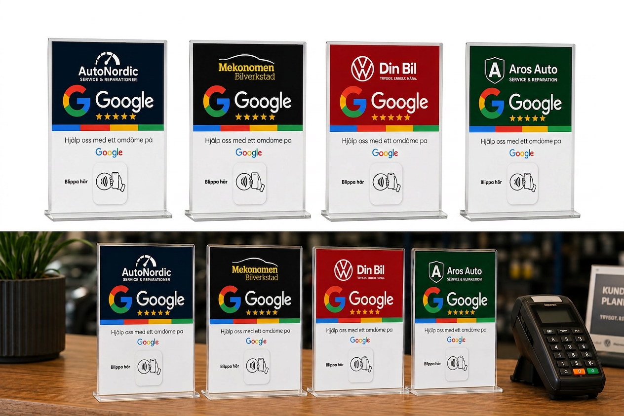 Mockup – förslag på bordsskyltar med Google-omdömen och NFC