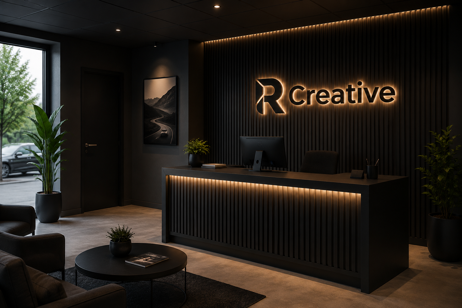 R Creative reception med upplyst logotyp